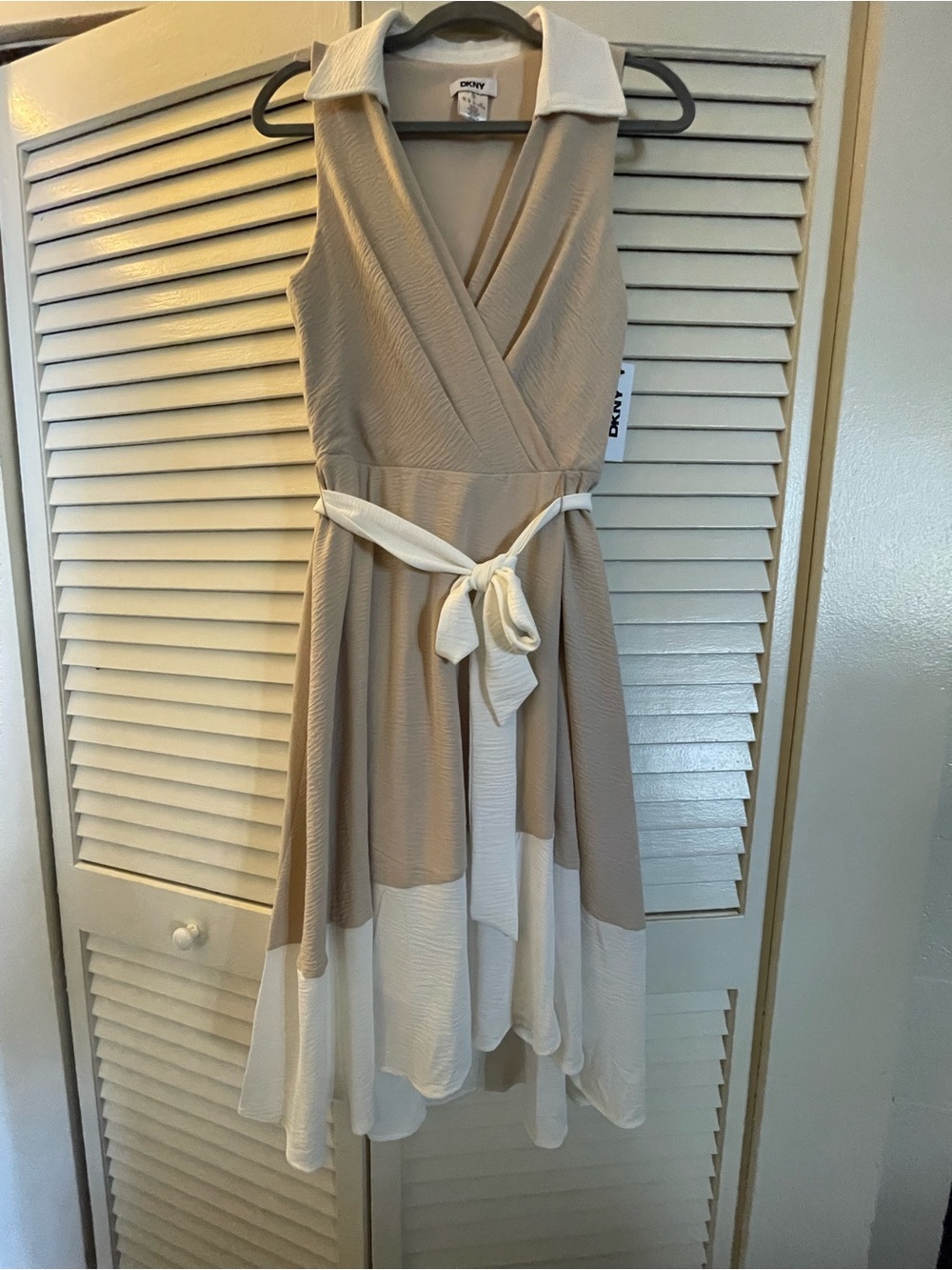 DKNY Beige and Cream Sleeveless Wrap Midi Dress